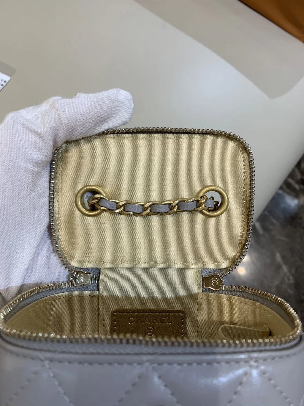CHANEL Light Gray Gold Ball Box Shoulder Bag For Women
