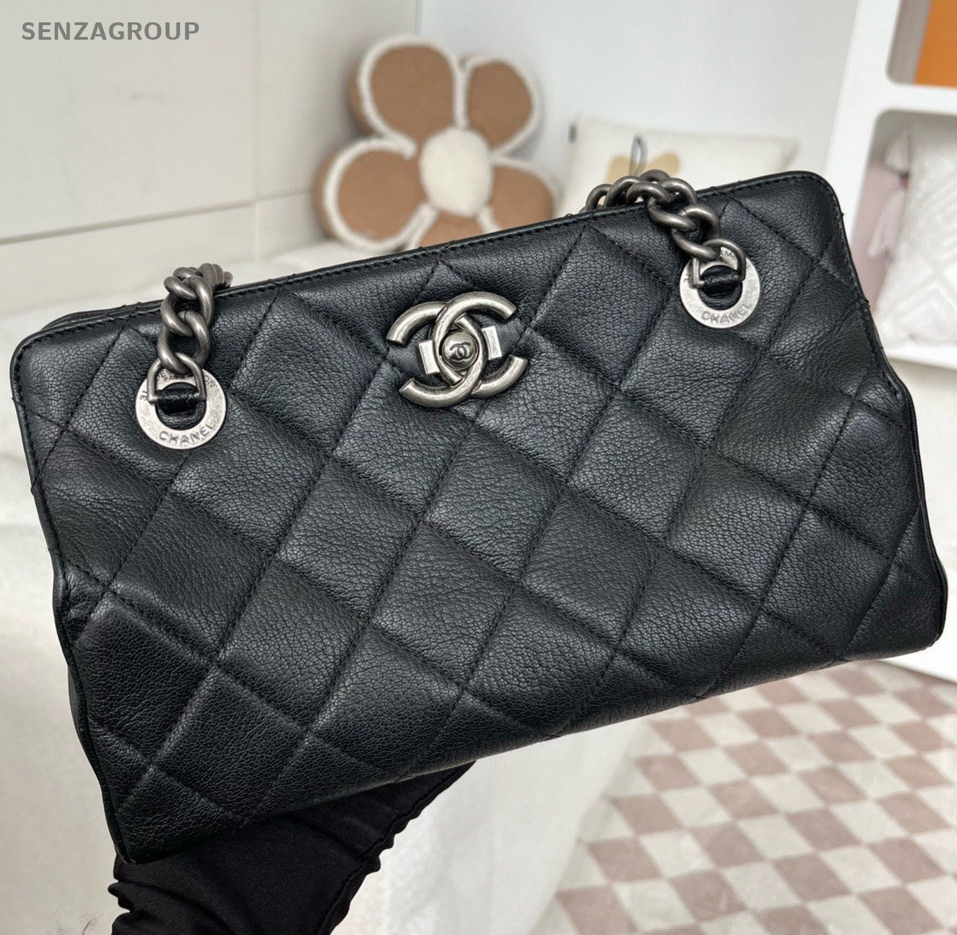 Chanel Mademoiselle De Madras Lambskin PM Chain Shoulder Bag Black Silver Women