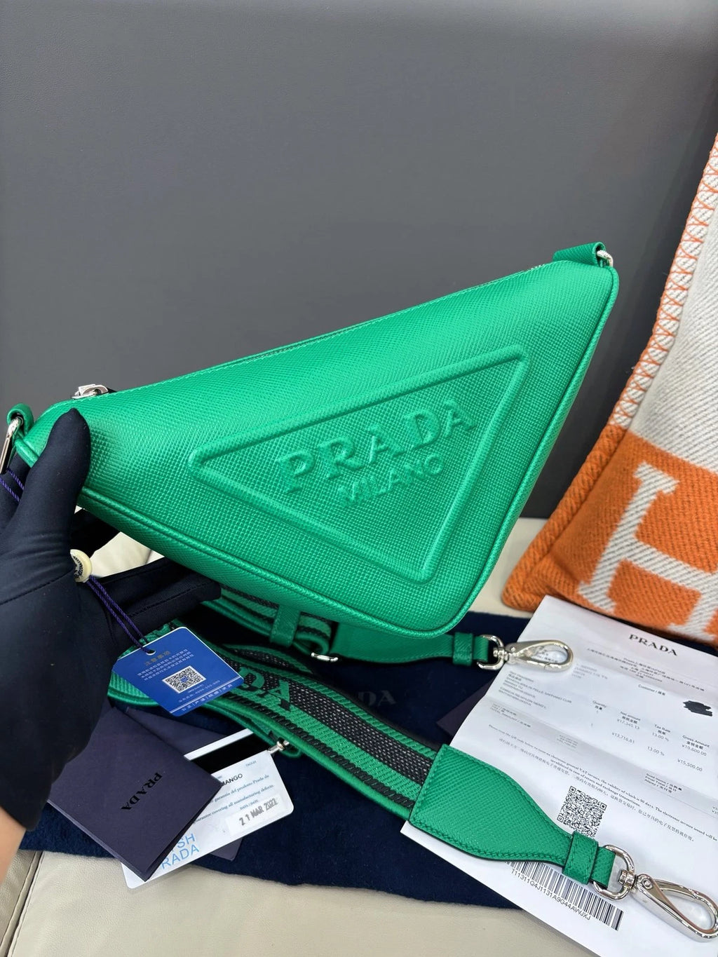 Prada Calfskin Triangle Crossbody Green Silver Women Classic