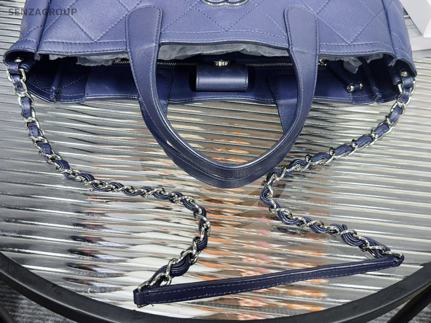 Chanel Calfskin Tote Handbag Chain Shoulder Bag Blue Silver Women Classic
