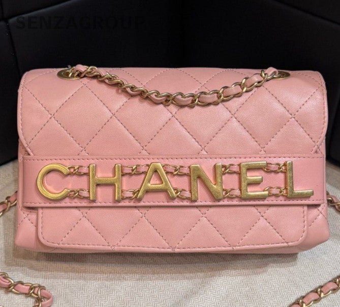 Chanel Diamond Chain Calfskin Shoulder Bag Crossbody Pink Gold Women Classic