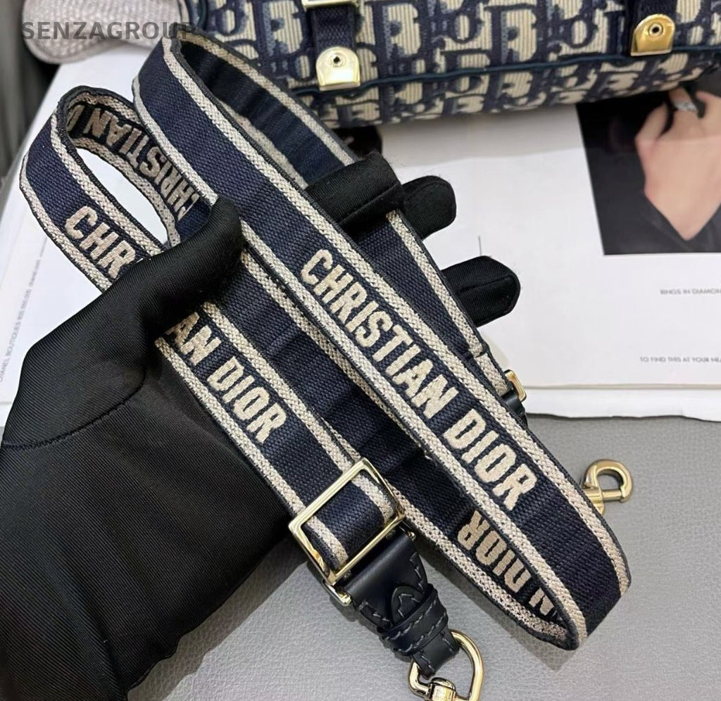 Christian Dior Oblique PM Shoulder Bag Blue Gold Used Women Classic Fashion