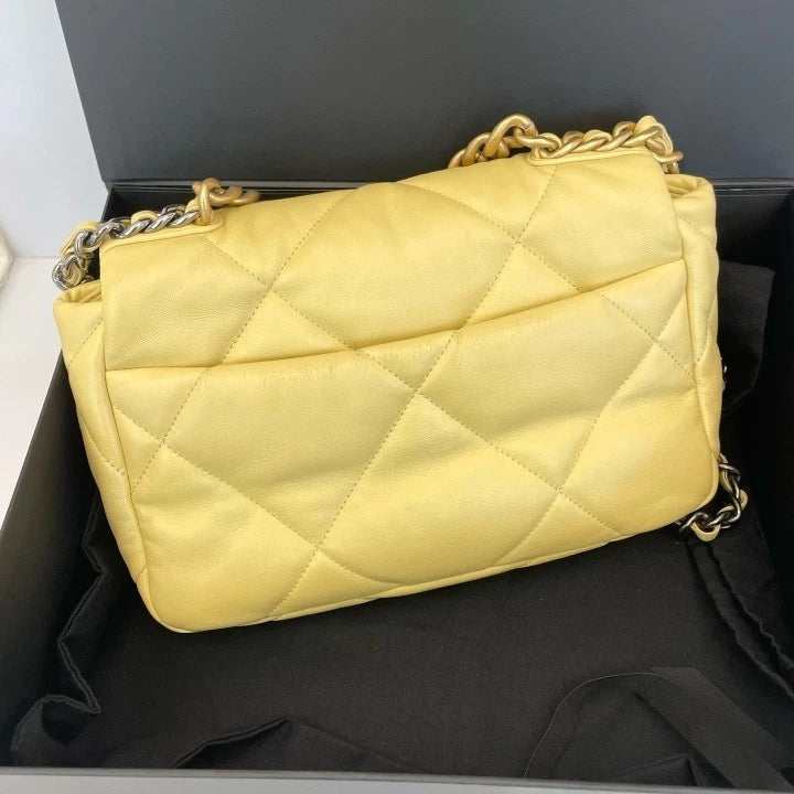 Authentic CHANEL 19Bag Yellow Lambskin Shoulder Bag Women