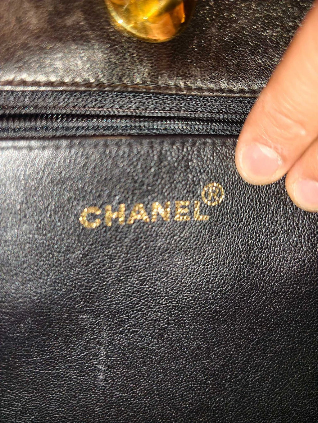Chanel Lambskin PM Black Tote Chain Shoulder Bag Diamond Gold Hardware