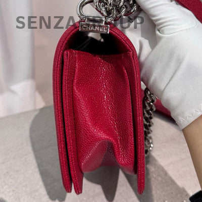 Chanel Red Silver Medium Le Boy Chain Shoulder Crossbody Bag