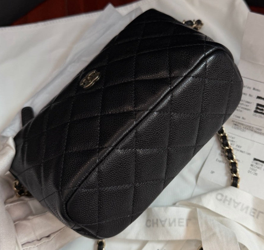 Chanel Calfskin Hobo Chain Crossbody Top Handle Bag Black Gold Women Classic
