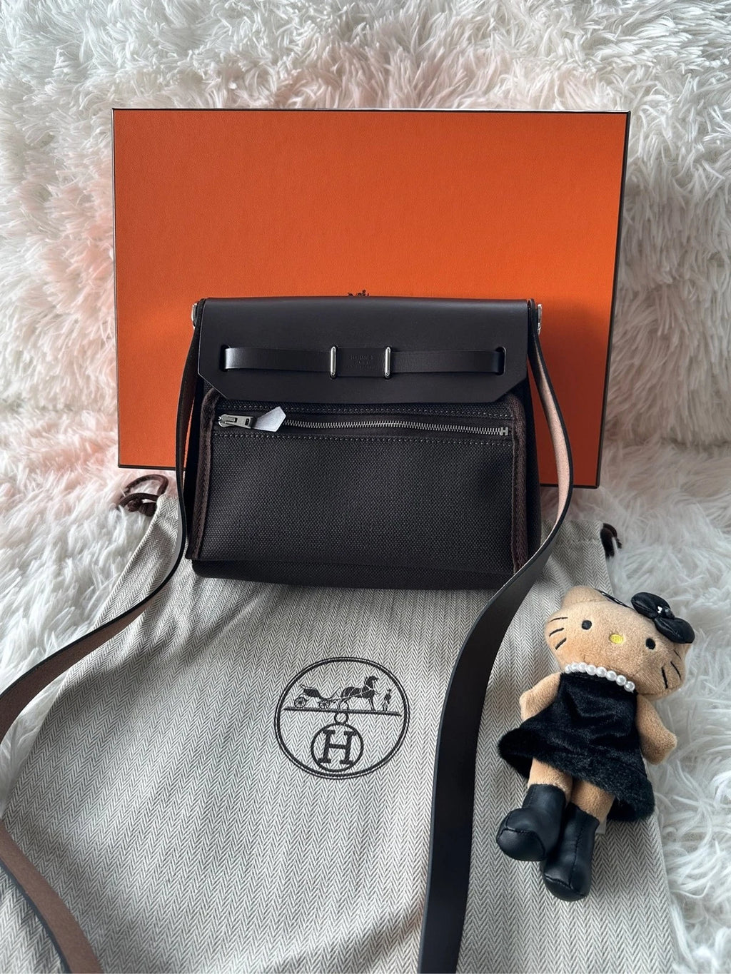 Hermes Canvas Mini Herbag Brown Silver Women's Shoulder Bag