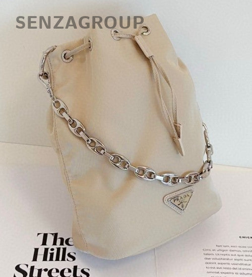 PRADA khaki color Silver Drawstring Bucket Shoulder bag Almost brand new