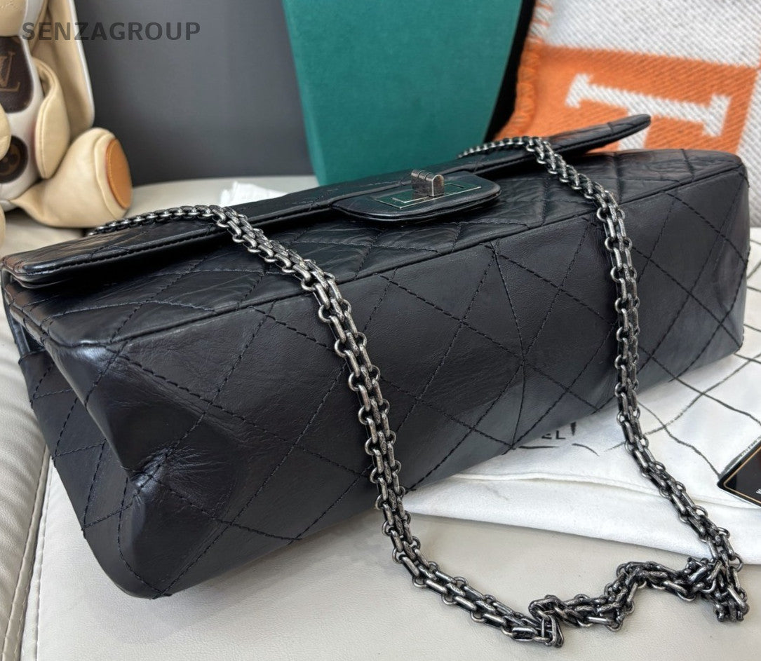 Chanel 2.55 GM Chain Shoulder Bag Black Silver Women Classic Diamond