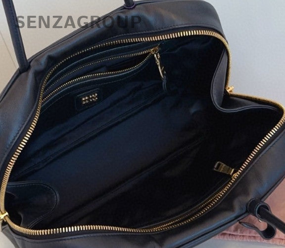 MiuMiu Beau Calfskin Satchel Top Handle Bag Black Gold Unisex Adults Classic