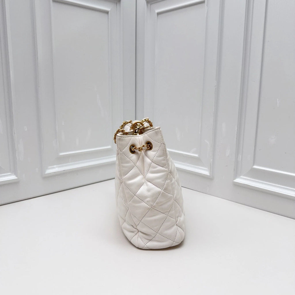 Chanel Quilted Lambskin Small Bucket Bag Shoulder Bag White with Enamel CC Logo