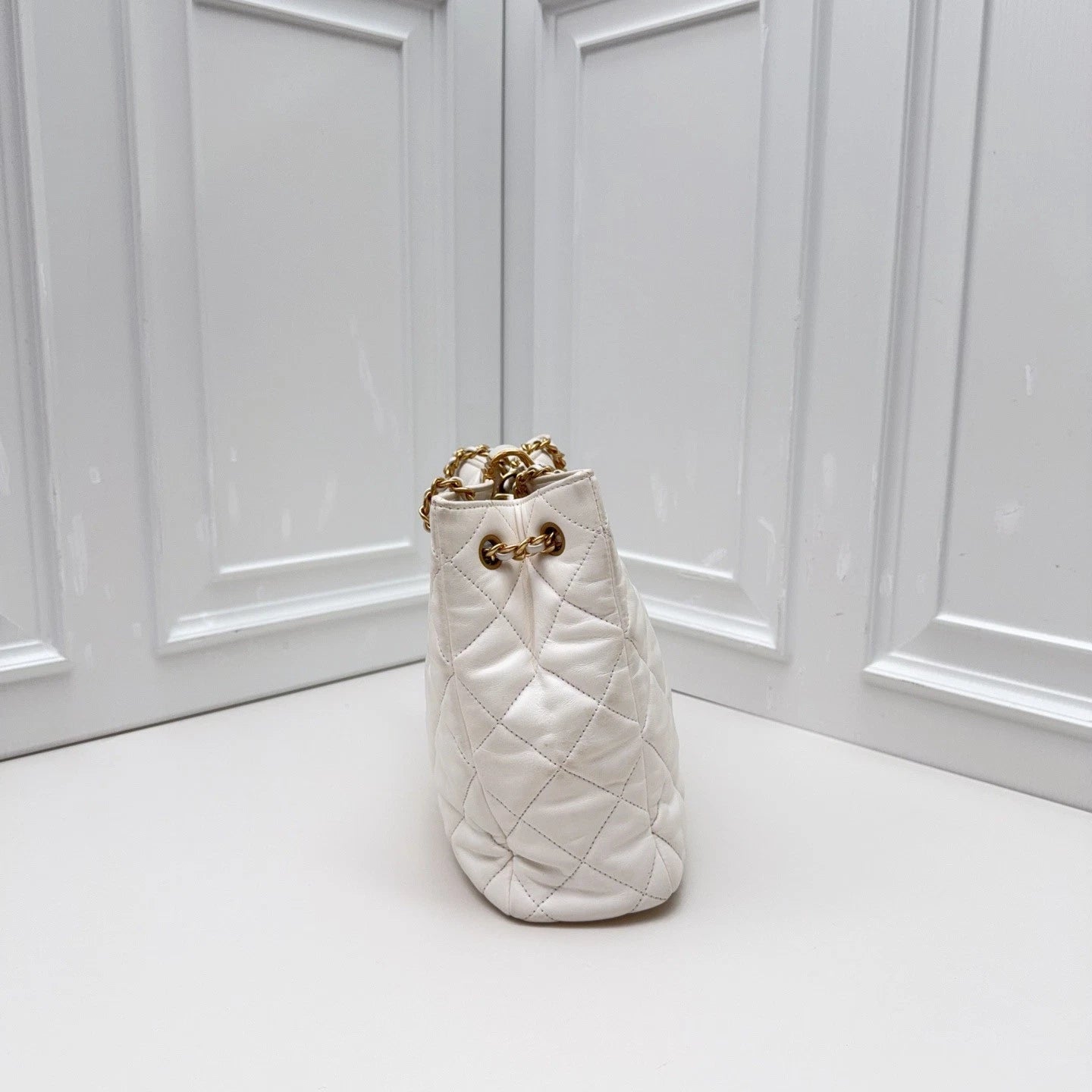 Chanel Quilted Lambskin Small Bucket Bag Shoulder Bag White with Enamel CC Logo