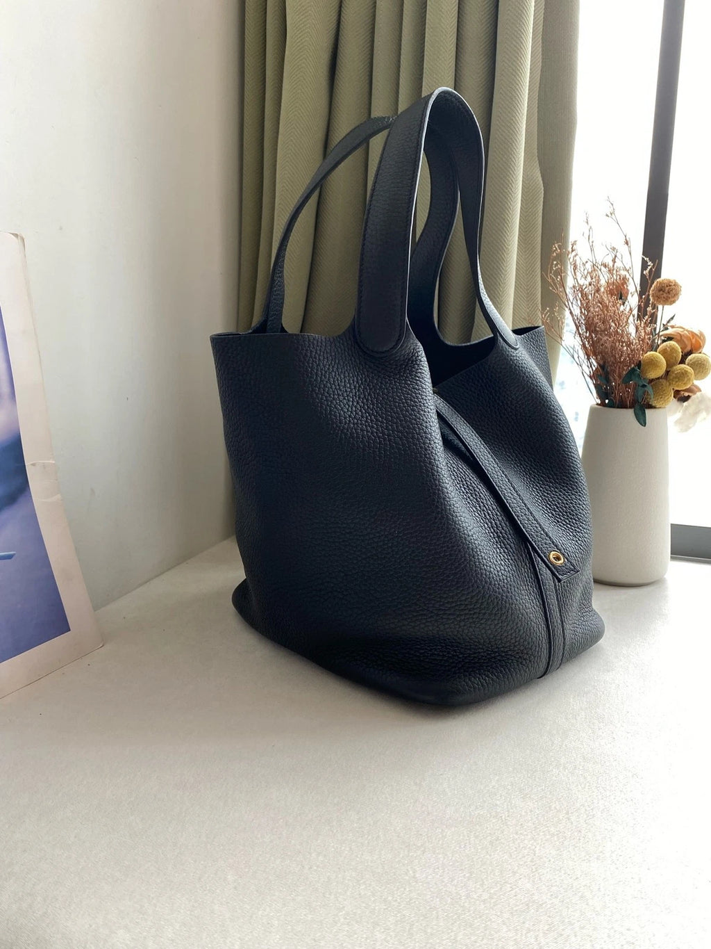 Hermes Picotin22 Black Gold Leather Bucket Bag For Women