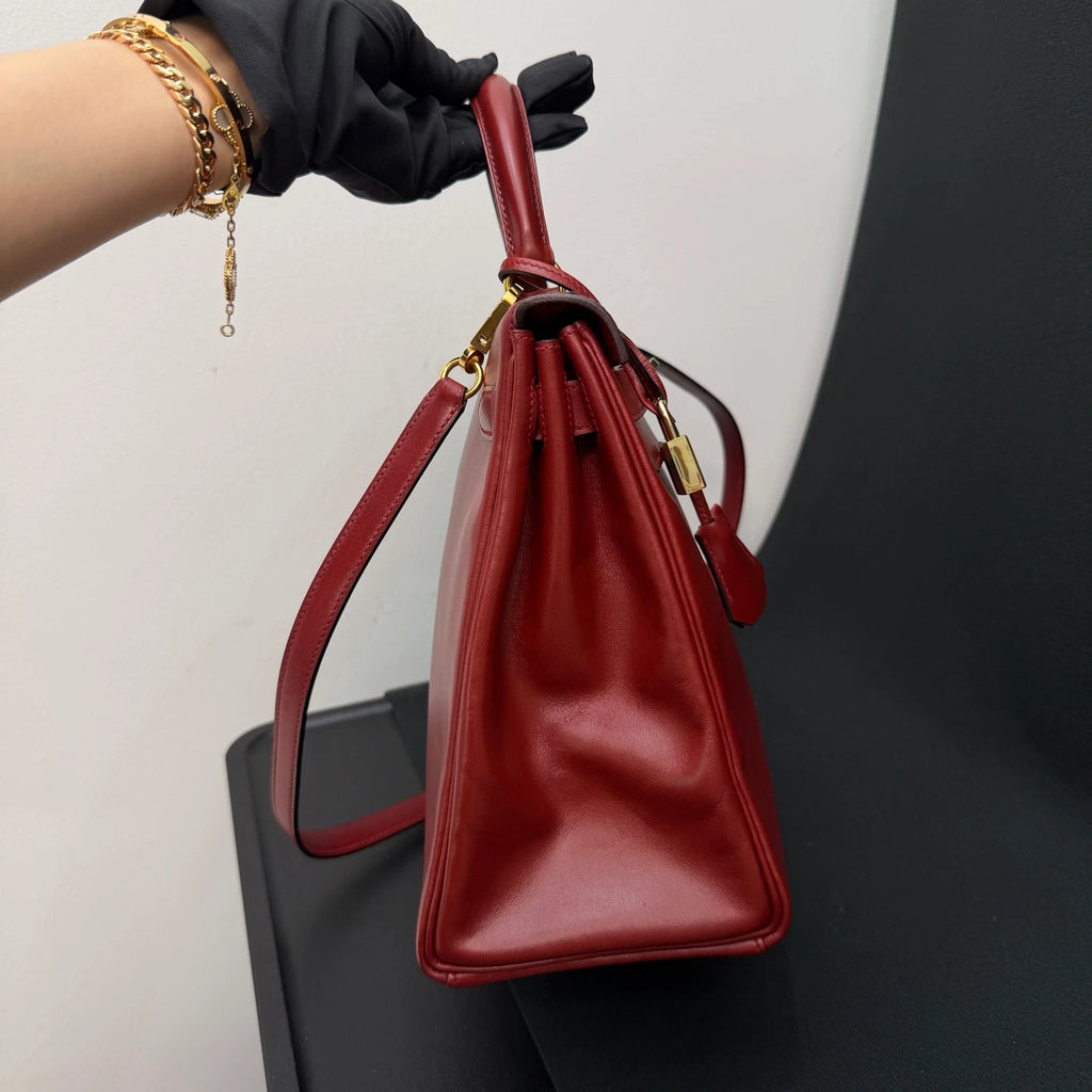 Hermes Kelly28 Top Handle Bag Crossbody Red Gold Used Women Classic Fashion