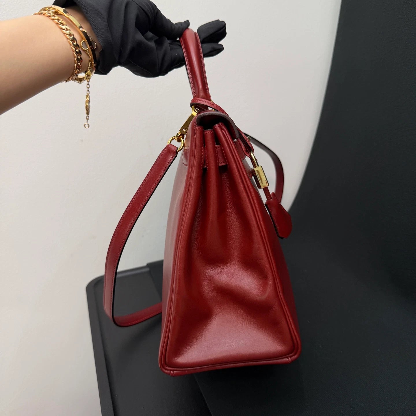 Hermes Kelly28 Top Handle Bag Crossbody Red Gold Used Women Classic Fashion