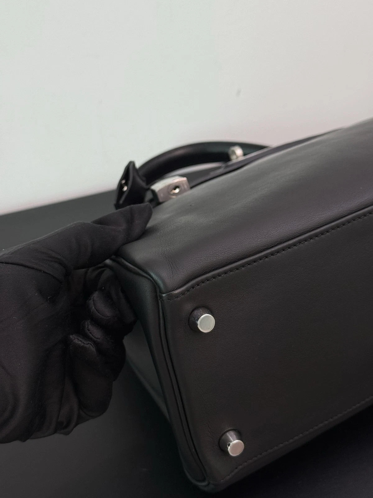 Hermes Kelly32 Evergrain Top Handle Bag Crossbody Black Silver Classic Women