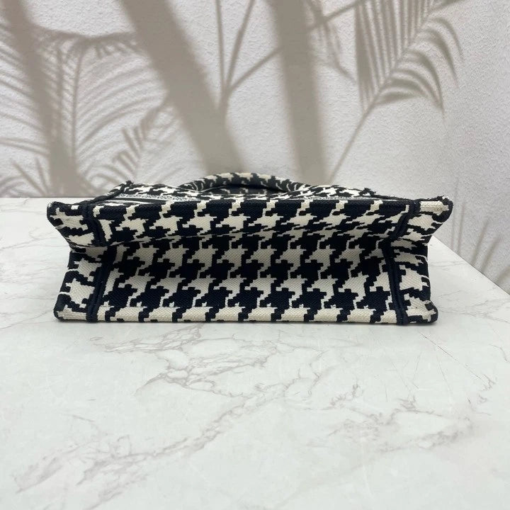 Dior Houndstooth Embroidered Canvas Small Tote Handbag For Women