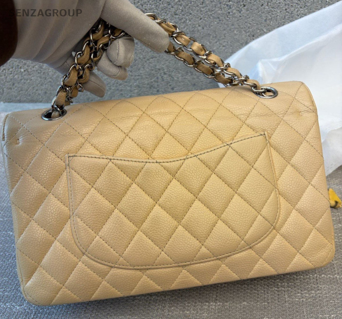 Chanel Classic Flap MM Chain Shoulder Bag Crossbody Beige Gold Women Diamond