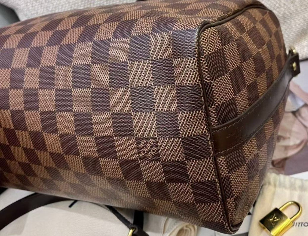 Louis Vuitton Speedy25 Damier Ebene Top Handle Bag Crossbody Brown Gold Women