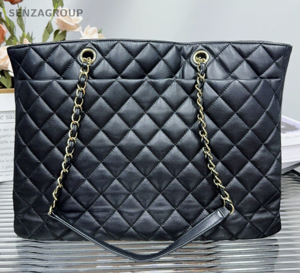 Chanel GST Calfskin Tote Chain Shoulder Bag Black Gold Women Classic Diamond