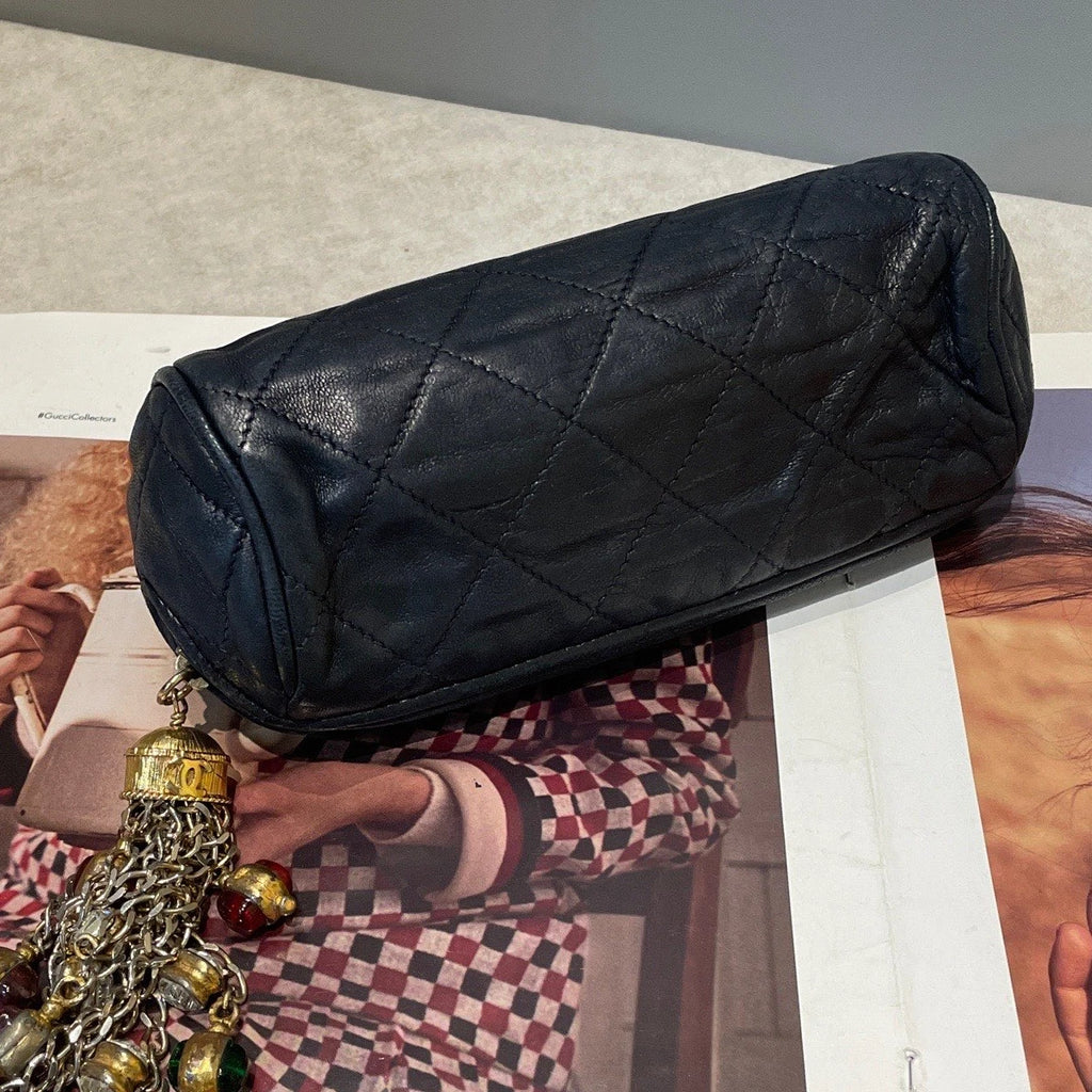 Chanel Diamond Clutch Black Gold Used Women Classic