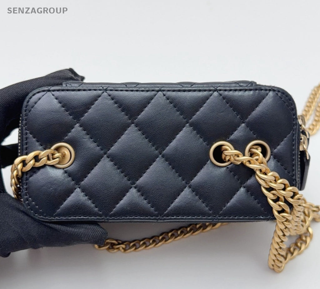 Chanel Vanity Case Lambskin Chain Shoulder Bag Crossbody Black Gold Women