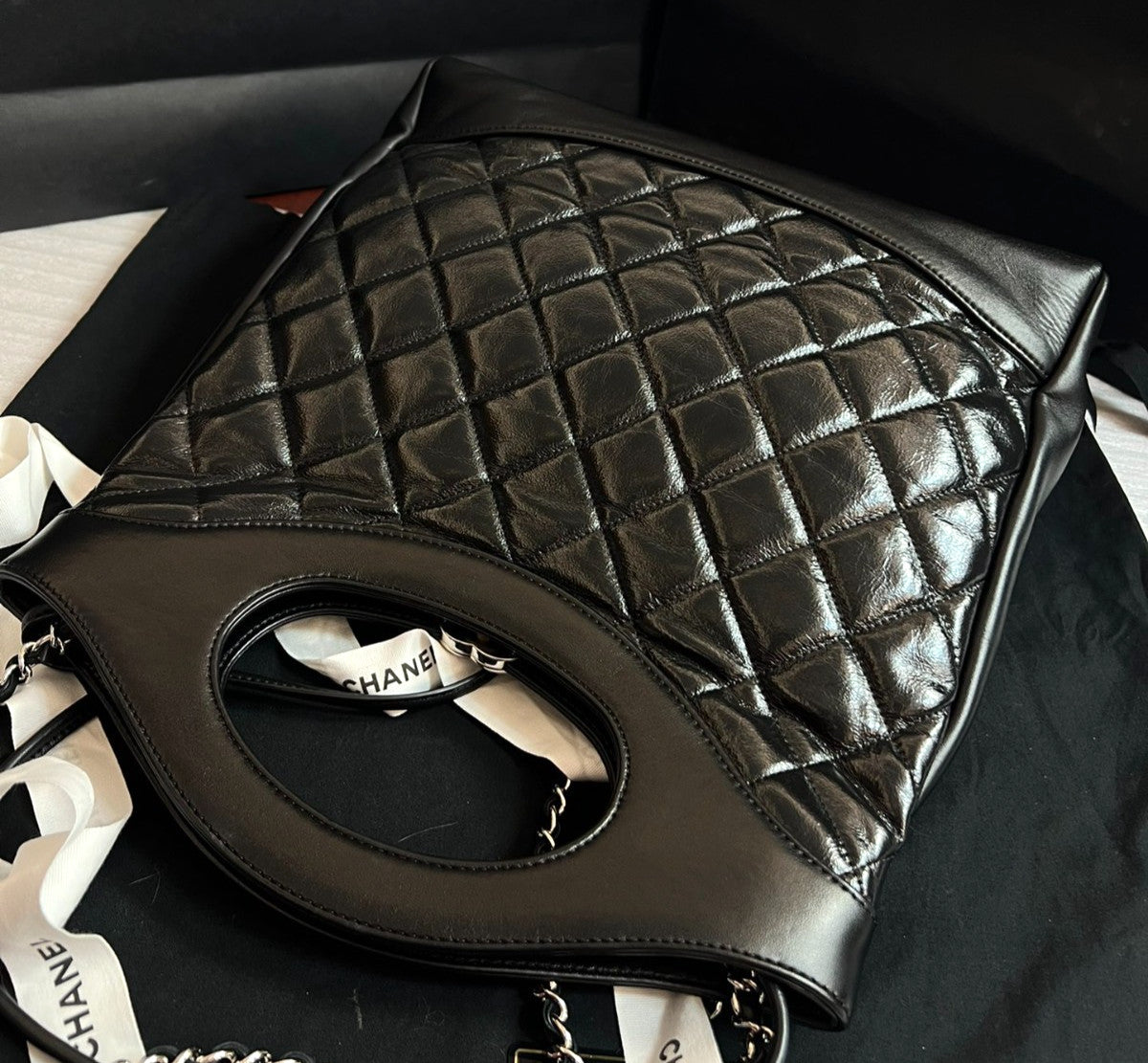 Chanel 31Bag PM Top Handle Chain Shoulder Crossbody Black Silver Diamond Women