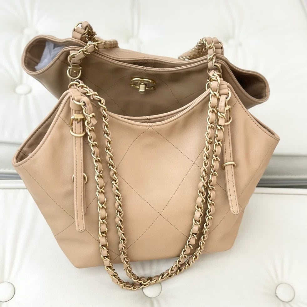 Chanel Tote Mini Calfskin Chain Shoulder Bag Beige Gold Hardware Women S