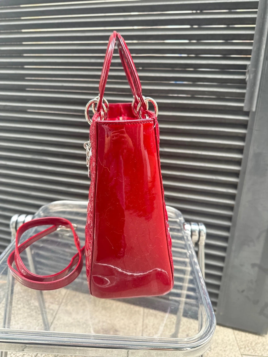 Dior Lady Dior Leather Red Top Handle Excellent