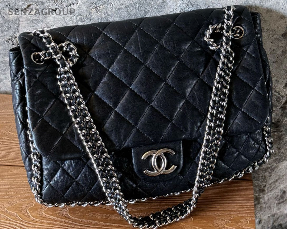 Chanel Calfskin Chain Shoulder Bag Black Silver Diamond Used Women Classic
