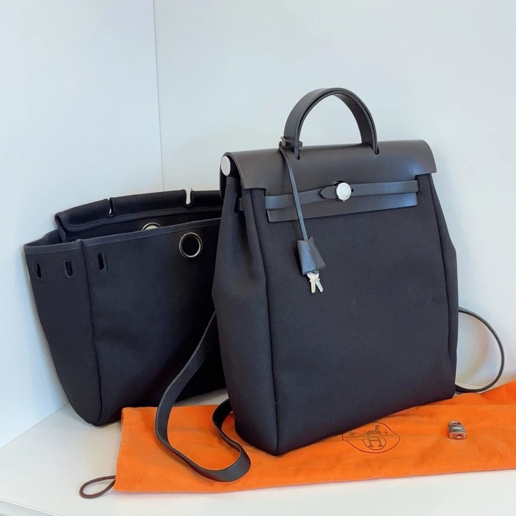 Hermes Herbag So Black Canvas Backpack Black Silver Unisex Adults Classic