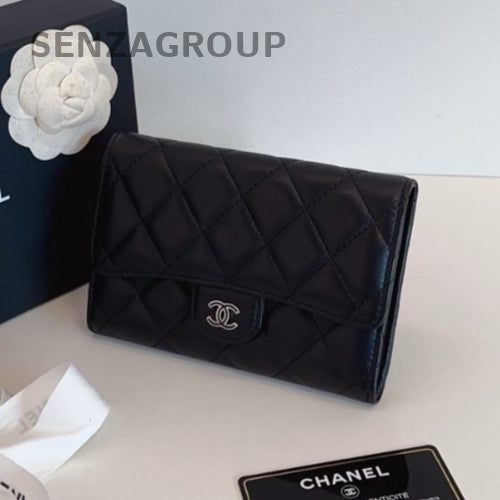 Chanel Diamond Wallet Clutch Black Silver Used Women Classic