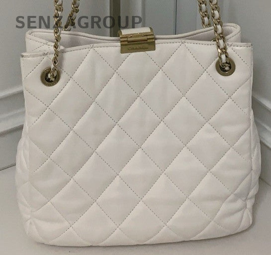 Chanel Lambskin PM Chain Shoulder Bag White Gold Used Women Designer Classic