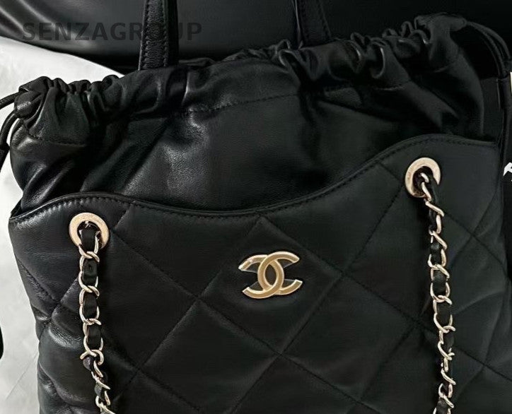 Chanel Drawstring Tote Handbag Chain Shoulder Bag Black Gold Women Classic