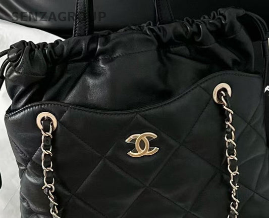 Chanel Drawstring Tote Handbag Chain Shoulder Bag Black Gold Women Classic