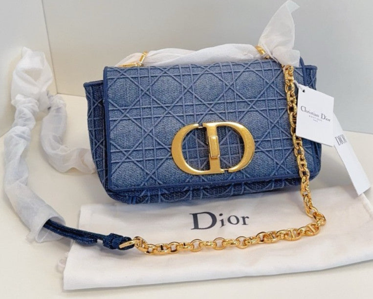 Christian Dior Caro PM Denim Wicker check pattern Chain Shoulder bag Blue Gold