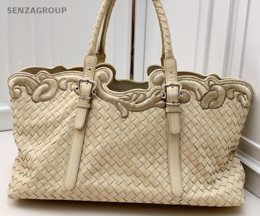 Bottega Veneta Blue Suede Leather Tote Shoulder Bag Beige Used Women Classic
