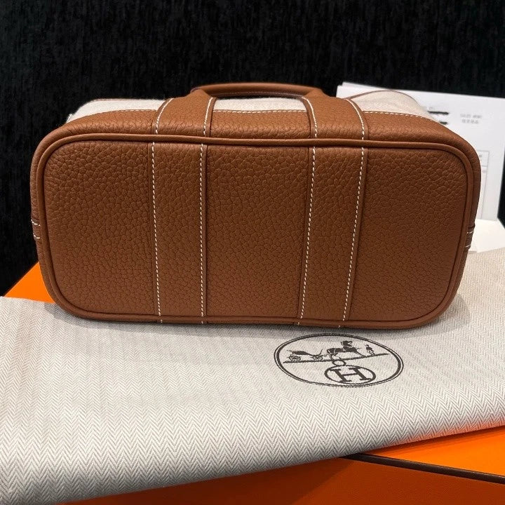 Hermes Garden Party Mini Canvas Tote Top Handle Bag Brown Silver Women Classic D