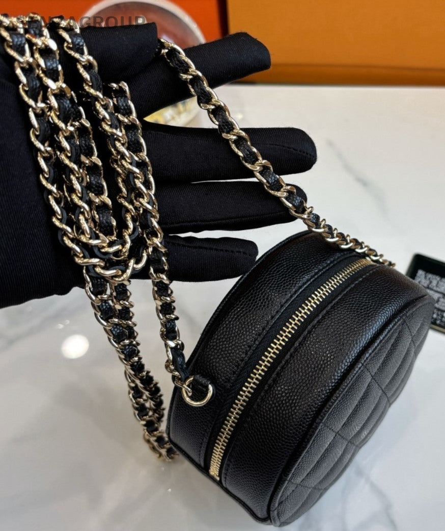 Chanel Caviar Leather Mini Round Flap Shoulder Crossbody Bag Black Women
