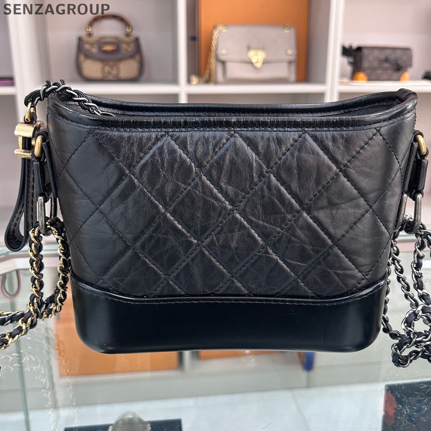 Chanel Small Gabrielle Hobo Bag Black Gold Chevron Chain Shoulder Crossbody