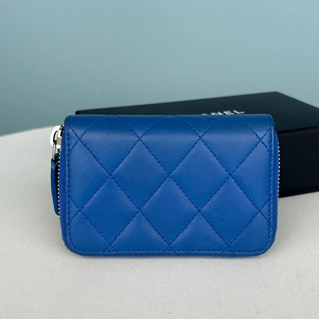 Chanel Diamond Lambskin Card Wallet Blue Silver Used Women Classic
