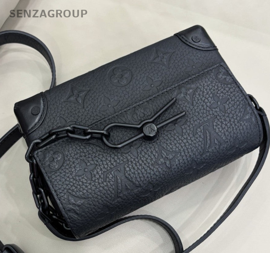 Louis Vuitton Steamer Embossed Full Leather Box Shoulder Crossbody Bag Black
