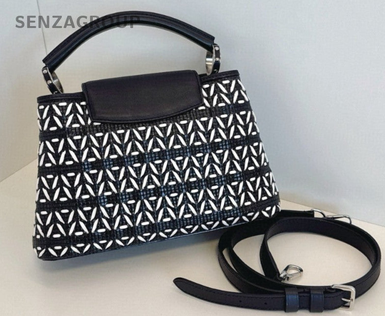 Louis Vuitton Capucines BB Top Handle Shoulder Crossbody Bag Black White Women