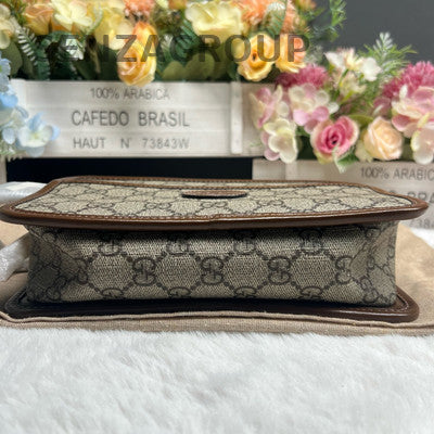 Gucci GG Supreme Brown Zip Wristlet Clutch with Gold Hardware
