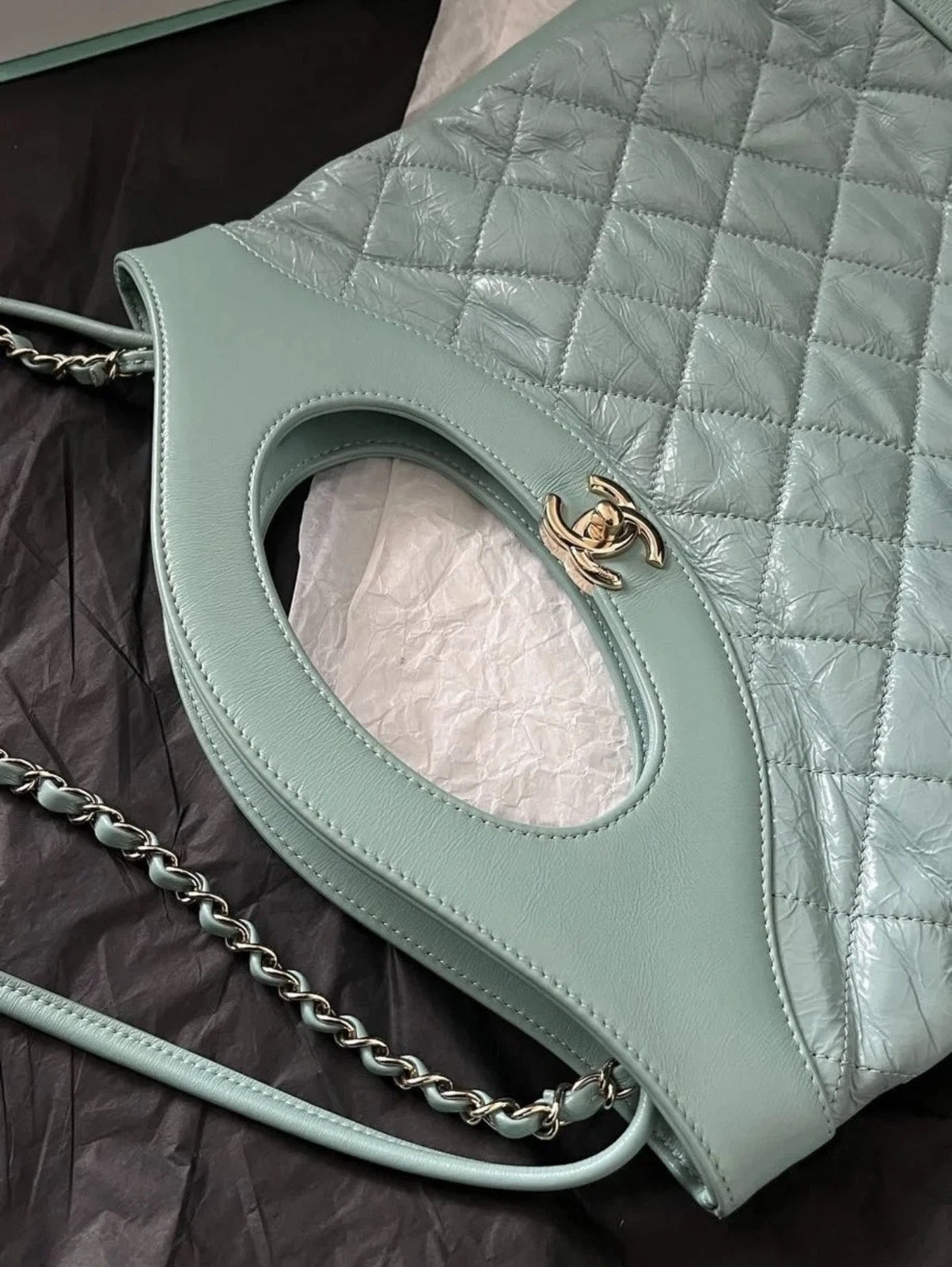 CHANEL 31Bag Small Tote Bag Tiffany Blue Green Gold Hardware Women