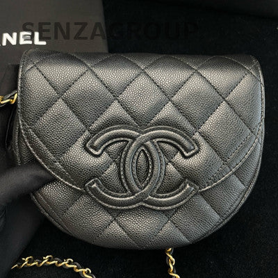 Chanel CC Logo Saddle Bag Black Gold Chain Shoulder Crossbody Bag