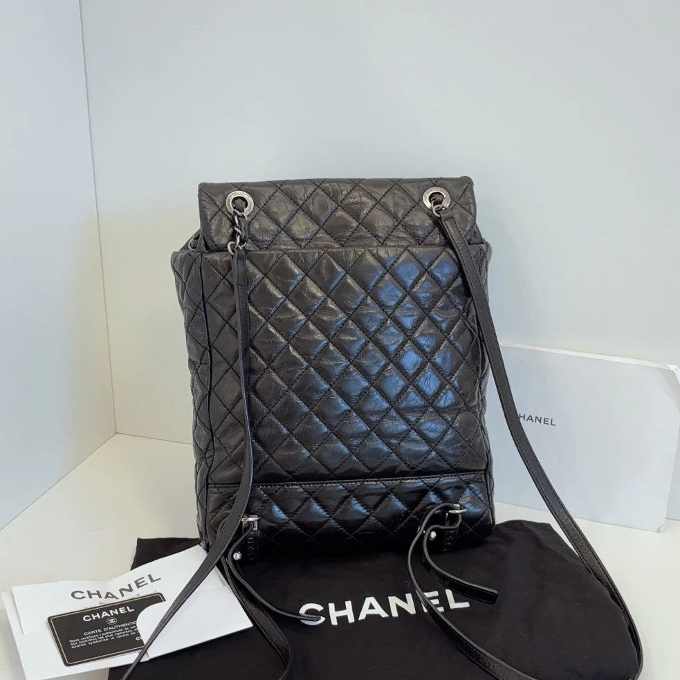 Chanel Calfskin MM Backpack Black Silver Used Women Diamond Classic