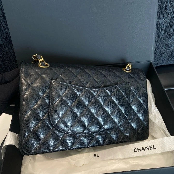 Chanel Classic Flap Calfskin MM Chain Shoulder Bag Black Gold Women D