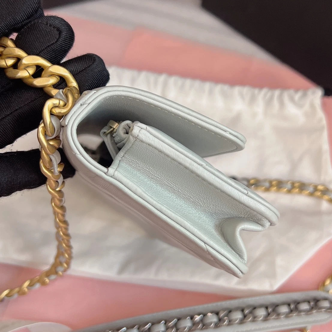 Chanel 19Bag WOC Mini Chain Top Handle Crossbody Gray Gold Used Women Classic