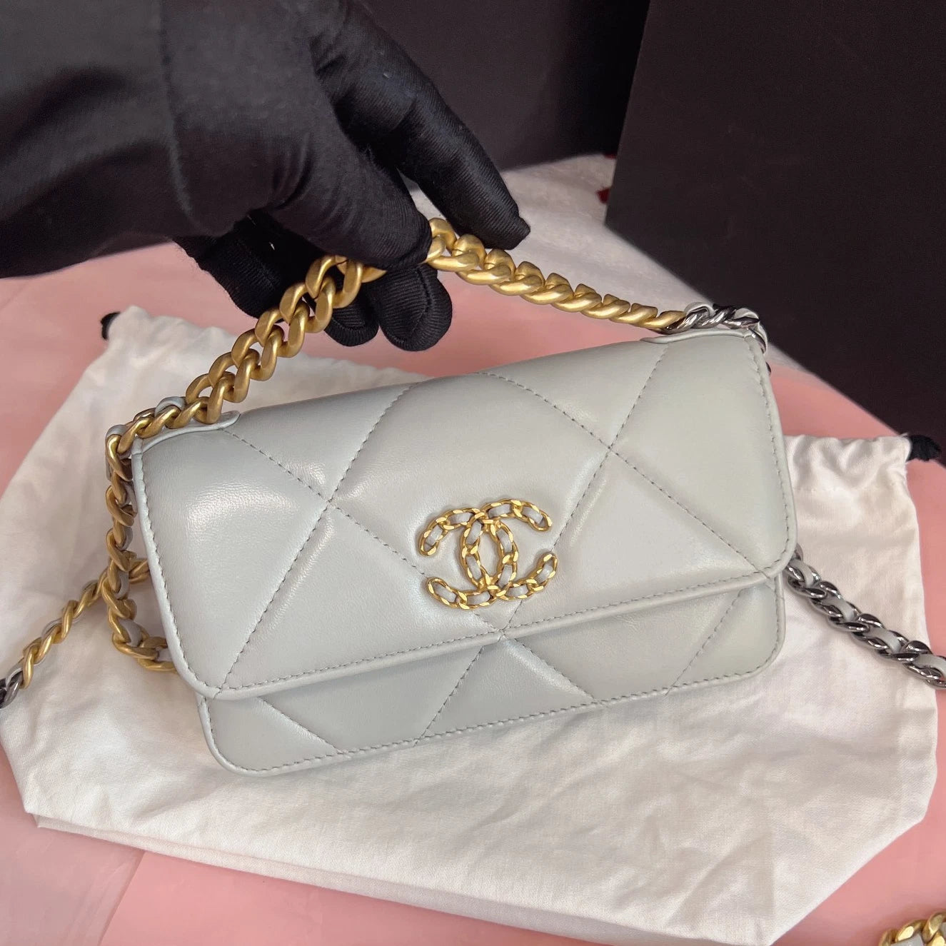 Chanel 19Bag WOC Mini Chain Top Handle Crossbody Gray Gold Used Women Classic